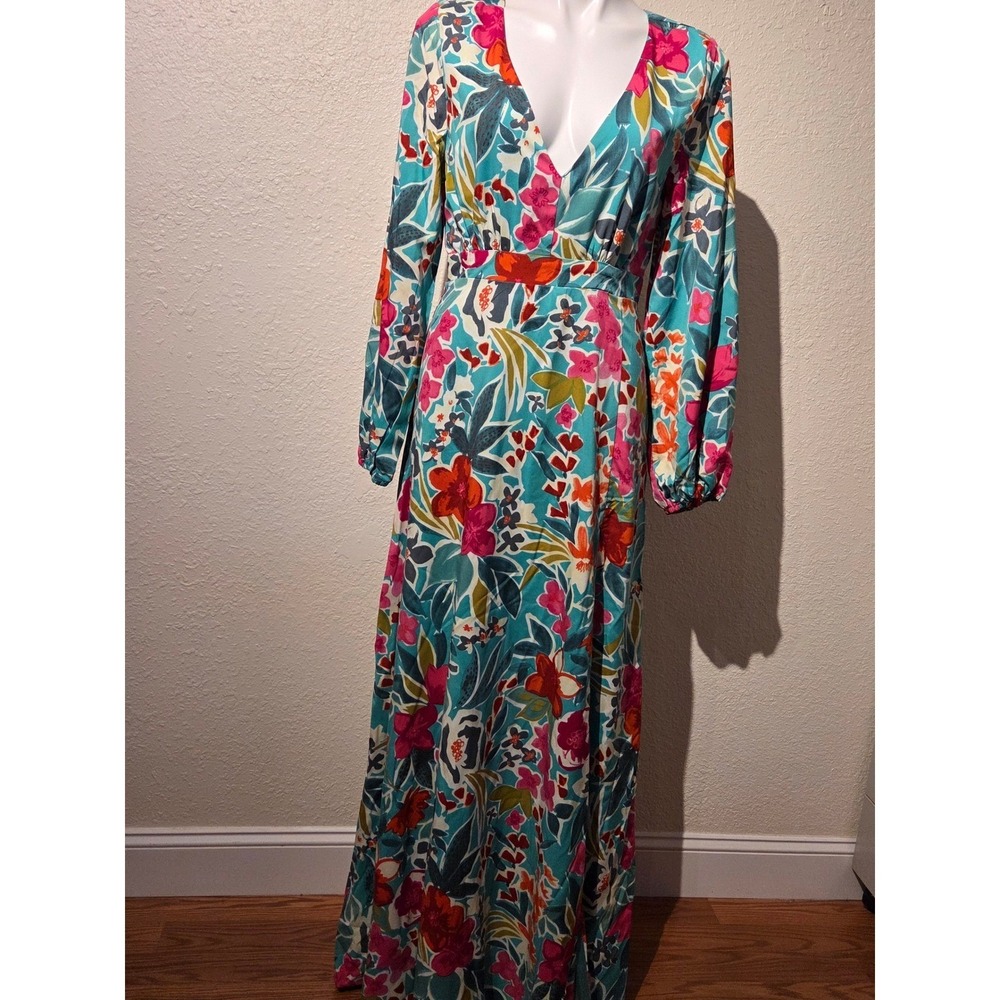 Floral V-Neck Maxi Dress Long Balloon Sleeve Teal Pink Orange Boho Slit 60 Inch